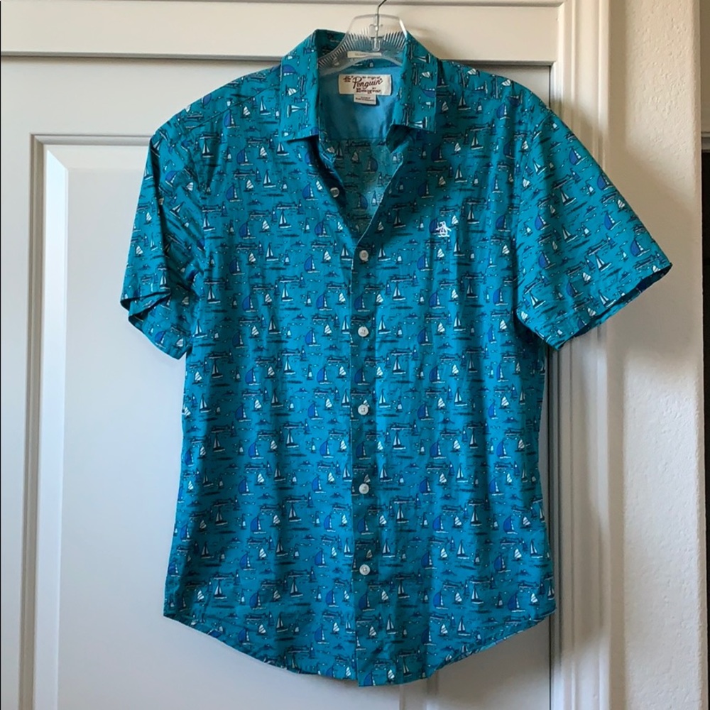 Penguin patterned short sleeve button up size S